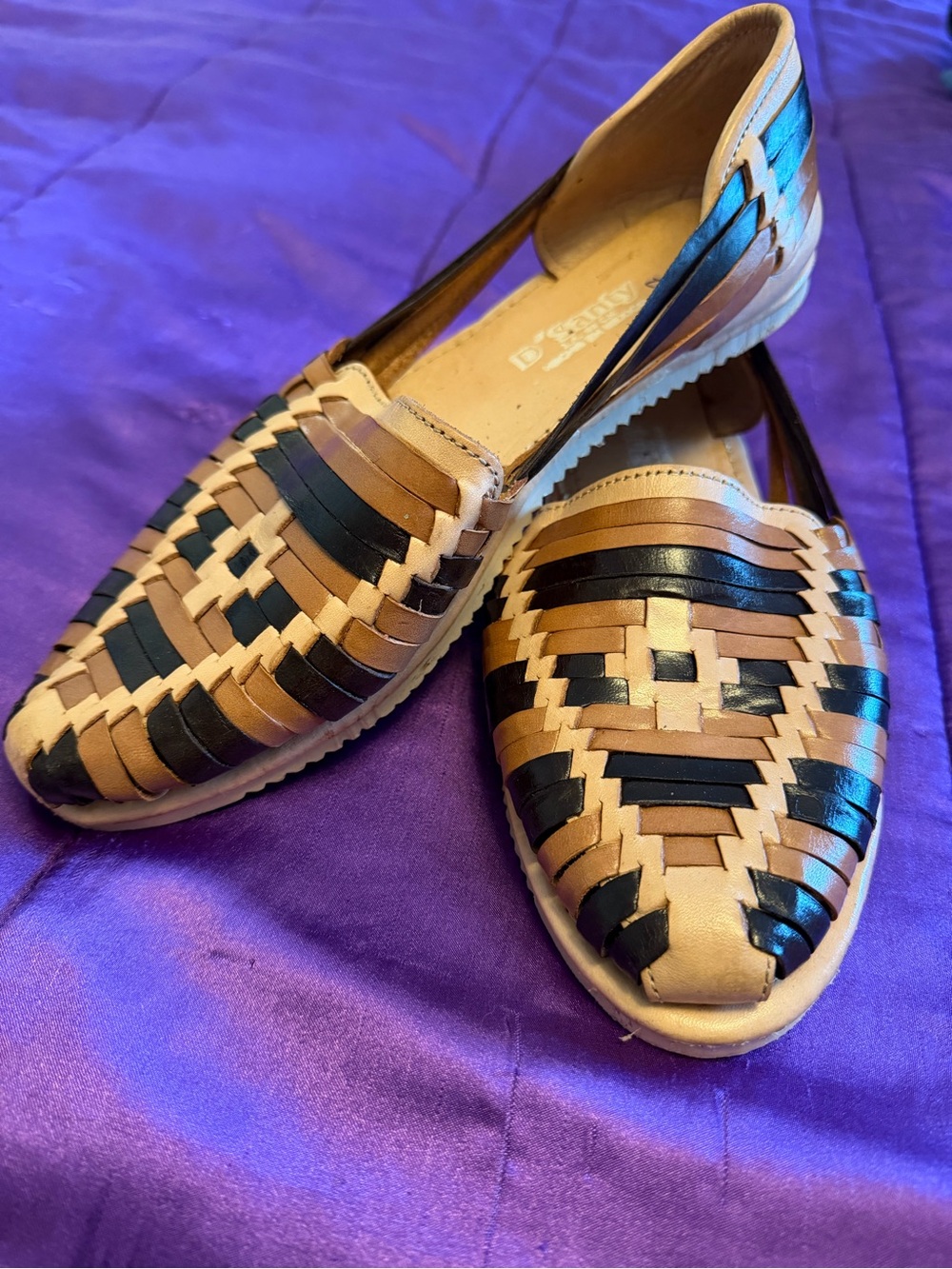 Woven Leather Slip-On Sandals in Tan and Black